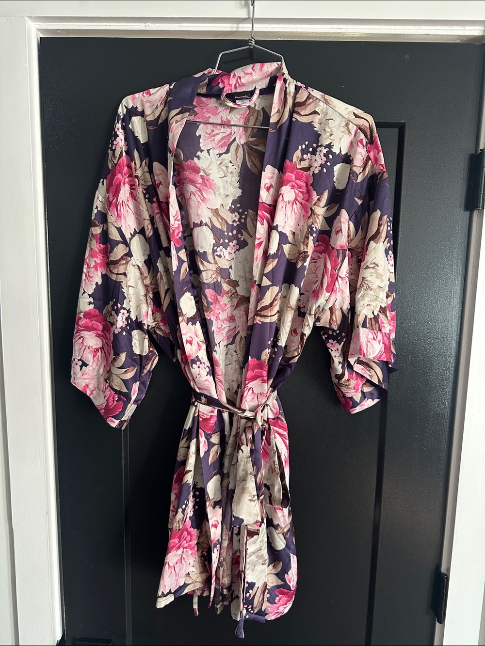 Floral Satin Kimono Robe in Navy and Pink